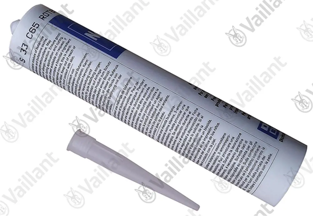 Vaillant Dichtungsmasse in Kartusche, kombiniert mit Spitze, zeigt technische Informationen in mehreren Sprachen auf der Verpackung.